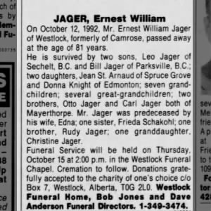 Obituary for Ernest William JAGER